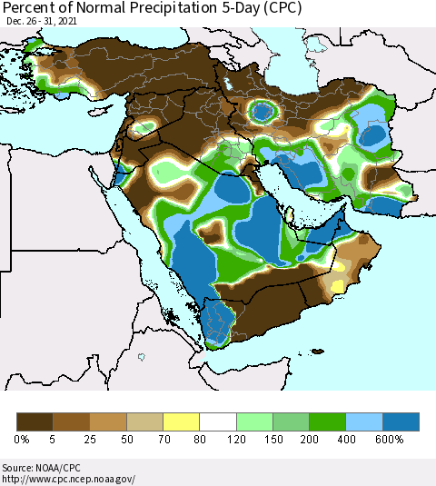 Middle East and Turkey Percent of Normal Precipitation 5-Day (CPC) Thematic Map For 12/26/2021 - 12/31/2021