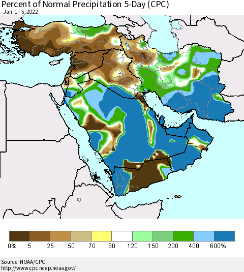 Middle East and Turkey Percent of Normal Precipitation 5-Day (CPC) Thematic Map For 1/1/2022 - 1/5/2022
