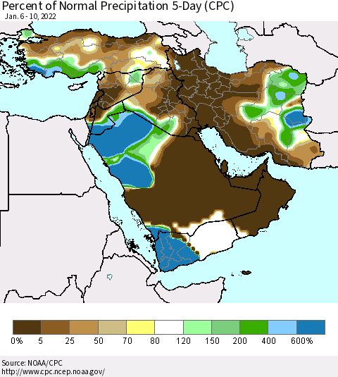 Middle East and Turkey Percent of Normal Precipitation 5-Day (CPC) Thematic Map For 1/6/2022 - 1/10/2022