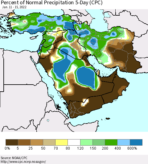 Middle East and Turkey Percent of Normal Precipitation 5-Day (CPC) Thematic Map For 1/11/2022 - 1/15/2022