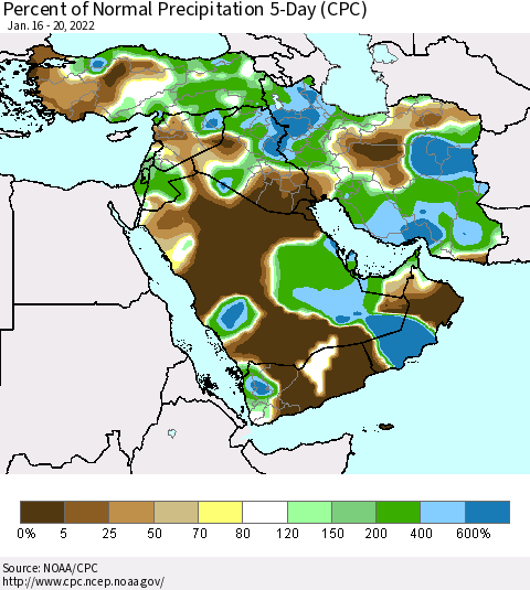 Middle East and Turkey Percent of Normal Precipitation 5-Day (CPC) Thematic Map For 1/16/2022 - 1/20/2022