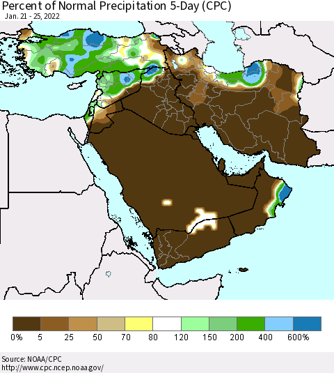 Middle East and Turkey Percent of Normal Precipitation 5-Day (CPC) Thematic Map For 1/21/2022 - 1/25/2022