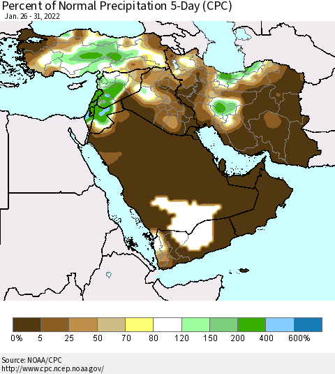 Middle East and Turkey Percent of Normal Precipitation 5-Day (CPC) Thematic Map For 1/26/2022 - 1/31/2022