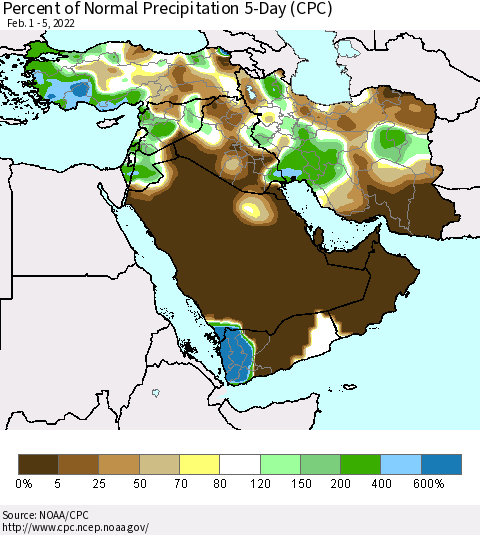 Middle East and Turkey Percent of Normal Precipitation 5-Day (CPC) Thematic Map For 2/1/2022 - 2/5/2022