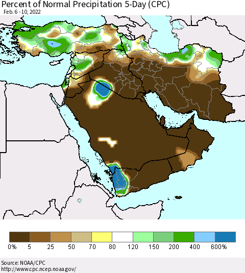 Middle East and Turkey Percent of Normal Precipitation 5-Day (CPC) Thematic Map For 2/6/2022 - 2/10/2022