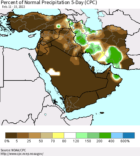 Middle East and Turkey Percent of Normal Precipitation 5-Day (CPC) Thematic Map For 2/11/2022 - 2/15/2022