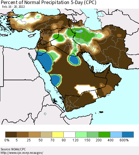 Middle East and Turkey Percent of Normal Precipitation 5-Day (CPC) Thematic Map For 2/16/2022 - 2/20/2022