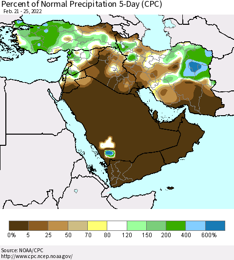 Middle East and Turkey Percent of Normal Precipitation 5-Day (CPC) Thematic Map For 2/21/2022 - 2/25/2022
