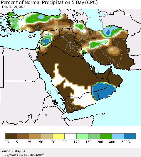 Middle East and Turkey Percent of Normal Precipitation 5-Day (CPC) Thematic Map For 2/26/2022 - 2/28/2022