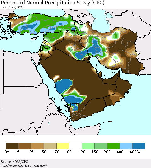 Middle East and Turkey Percent of Normal Precipitation 5-Day (CPC) Thematic Map For 3/1/2022 - 3/5/2022