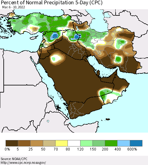 Middle East and Turkey Percent of Normal Precipitation 5-Day (CPC) Thematic Map For 3/6/2022 - 3/10/2022