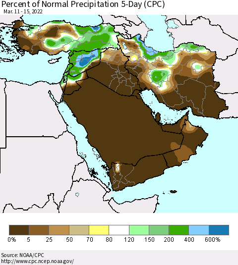 Middle East and Turkey Percent of Normal Precipitation 5-Day (CPC) Thematic Map For 3/11/2022 - 3/15/2022