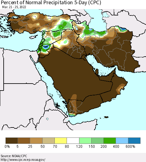 Middle East and Turkey Percent of Normal Precipitation 5-Day (CPC) Thematic Map For 3/21/2022 - 3/25/2022