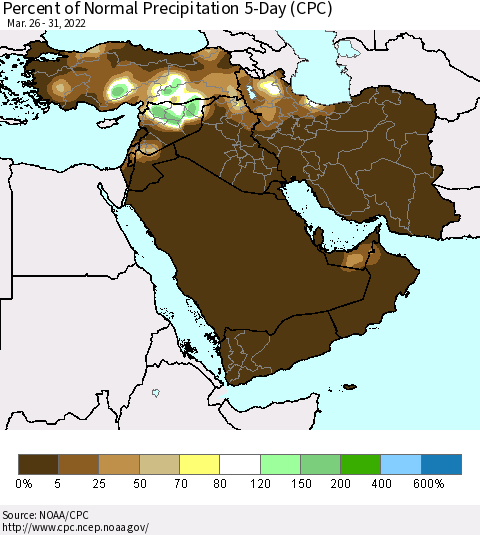 Middle East and Turkey Percent of Normal Precipitation 5-Day (CPC) Thematic Map For 3/26/2022 - 3/31/2022
