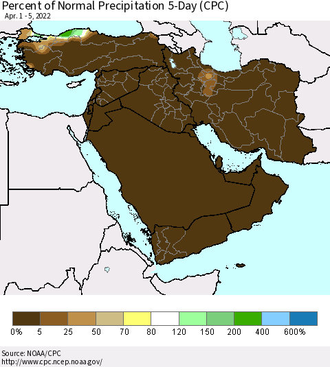 Middle East and Turkey Percent of Normal Precipitation 5-Day (CPC) Thematic Map For 4/1/2022 - 4/5/2022