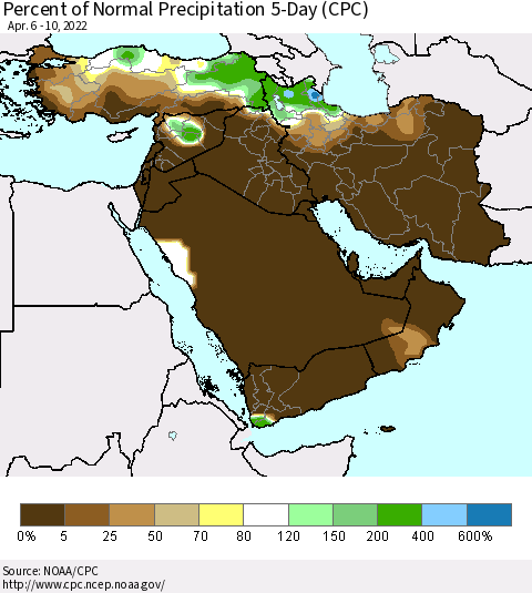 Middle East and Turkey Percent of Normal Precipitation 5-Day (CPC) Thematic Map For 4/6/2022 - 4/10/2022