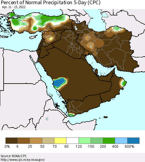 Middle East and Turkey Percent of Normal Precipitation 5-Day (CPC) Thematic Map For 4/11/2022 - 4/15/2022