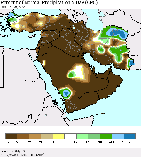 Middle East and Turkey Percent of Normal Precipitation 5-Day (CPC) Thematic Map For 4/16/2022 - 4/20/2022