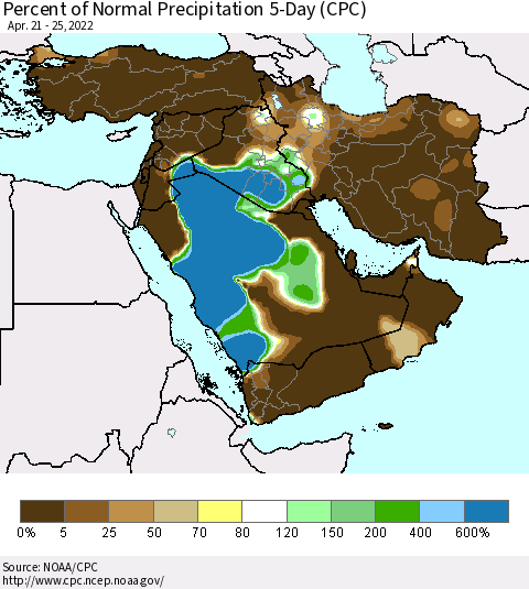 Middle East and Turkey Percent of Normal Precipitation 5-Day (CPC) Thematic Map For 4/21/2022 - 4/25/2022