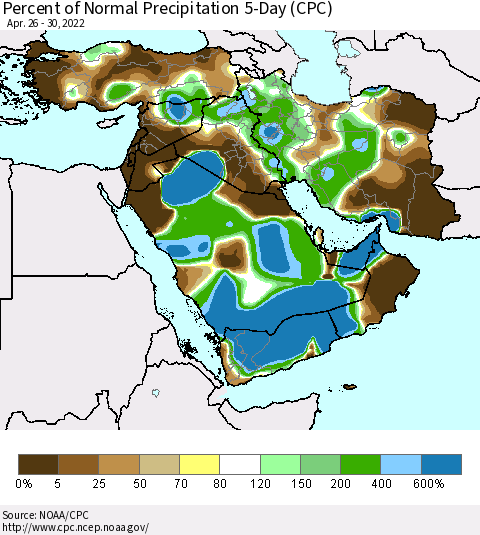 Middle East and Turkey Percent of Normal Precipitation 5-Day (CPC) Thematic Map For 4/26/2022 - 4/30/2022