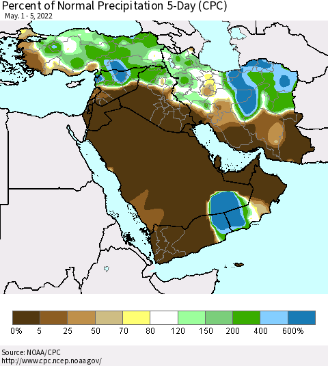 Middle East and Turkey Percent of Normal Precipitation 5-Day (CPC) Thematic Map For 5/1/2022 - 5/5/2022