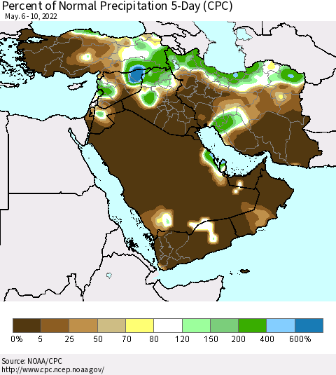 Middle East and Turkey Percent of Normal Precipitation 5-Day (CPC) Thematic Map For 5/6/2022 - 5/10/2022