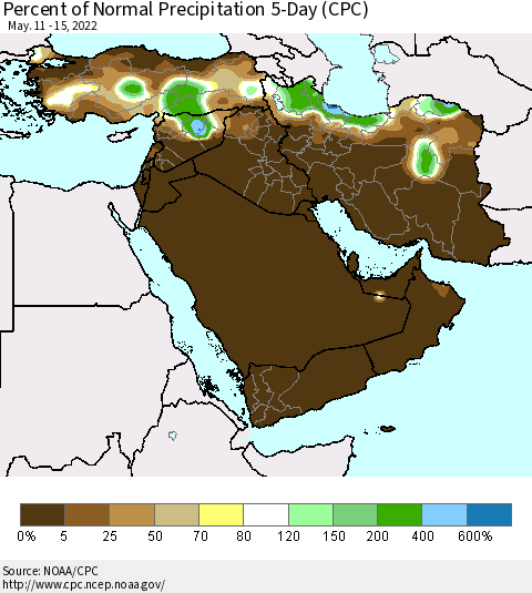 Middle East and Turkey Percent of Normal Precipitation 5-Day (CPC) Thematic Map For 5/11/2022 - 5/15/2022