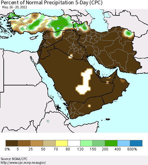 Middle East and Turkey Percent of Normal Precipitation 5-Day (CPC) Thematic Map For 5/16/2022 - 5/20/2022