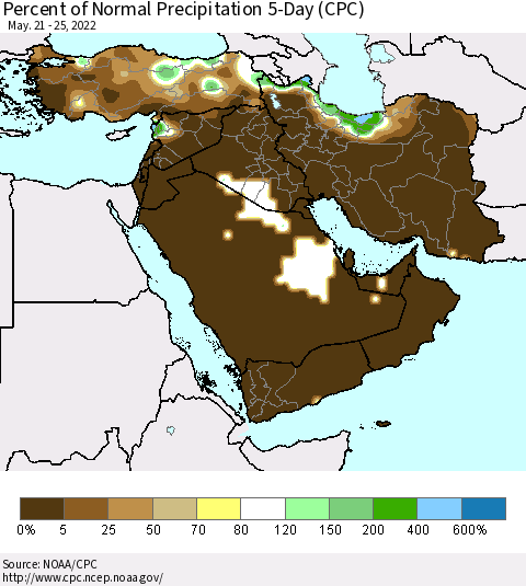 Middle East and Turkey Percent of Normal Precipitation 5-Day (CPC) Thematic Map For 5/21/2022 - 5/25/2022