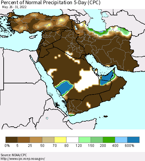 Middle East and Turkey Percent of Normal Precipitation 5-Day (CPC) Thematic Map For 5/26/2022 - 5/31/2022