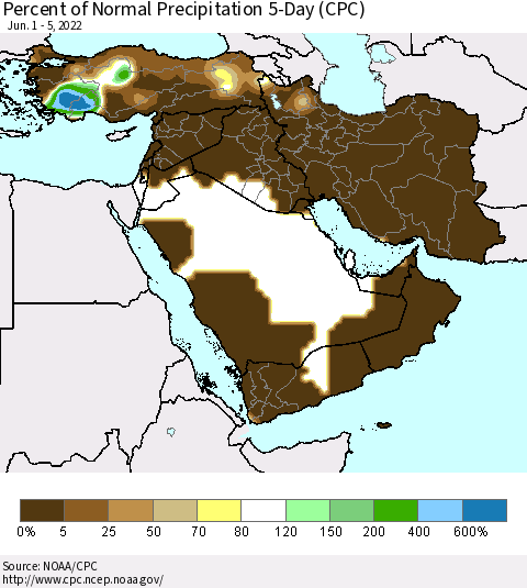 Middle East and Turkey Percent of Normal Precipitation 5-Day (CPC) Thematic Map For 6/1/2022 - 6/5/2022