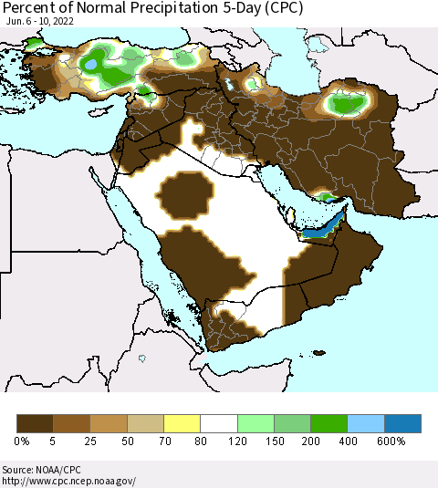 Middle East and Turkey Percent of Normal Precipitation 5-Day (CPC) Thematic Map For 6/6/2022 - 6/10/2022