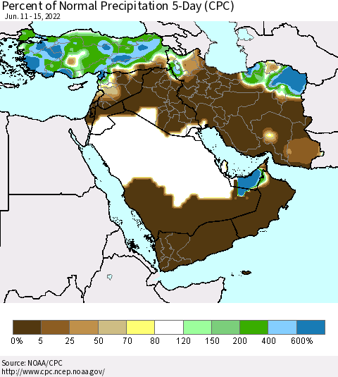 Middle East and Turkey Percent of Normal Precipitation 5-Day (CPC) Thematic Map For 6/11/2022 - 6/15/2022