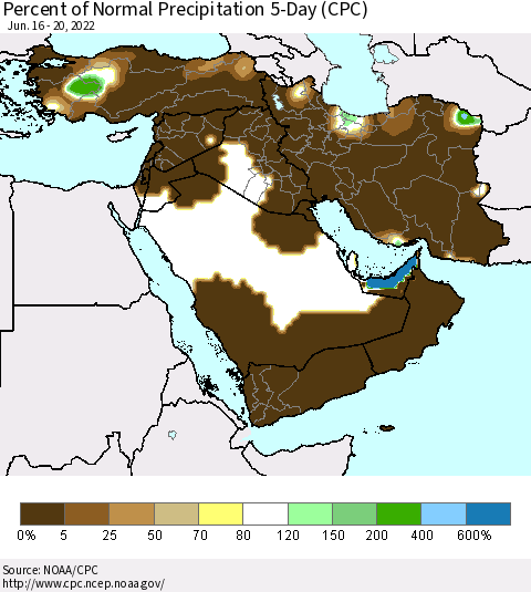 Middle East and Turkey Percent of Normal Precipitation 5-Day (CPC) Thematic Map For 6/16/2022 - 6/20/2022