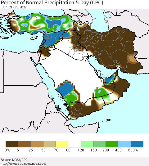 Middle East and Turkey Percent of Normal Precipitation 5-Day (CPC) Thematic Map For 6/21/2022 - 6/25/2022