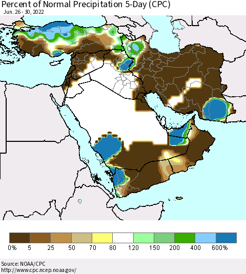 Middle East and Turkey Percent of Normal Precipitation 5-Day (CPC) Thematic Map For 6/26/2022 - 6/30/2022