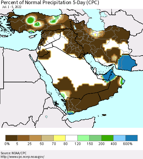 Middle East and Turkey Percent of Normal Precipitation 5-Day (CPC) Thematic Map For 7/1/2022 - 7/5/2022