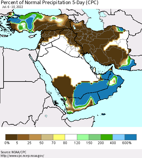 Middle East and Turkey Percent of Normal Precipitation 5-Day (CPC) Thematic Map For 7/6/2022 - 7/10/2022