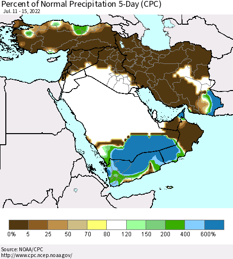 Middle East and Turkey Percent of Normal Precipitation 5-Day (CPC) Thematic Map For 7/11/2022 - 7/15/2022