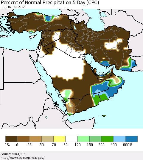 Middle East and Turkey Percent of Normal Precipitation 5-Day (CPC) Thematic Map For 7/16/2022 - 7/20/2022