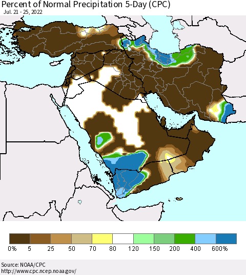 Middle East and Turkey Percent of Normal Precipitation 5-Day (CPC) Thematic Map For 7/21/2022 - 7/25/2022
