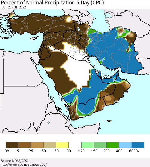 Middle East and Turkey Percent of Normal Precipitation 5-Day (CPC) Thematic Map For 7/26/2022 - 7/31/2022