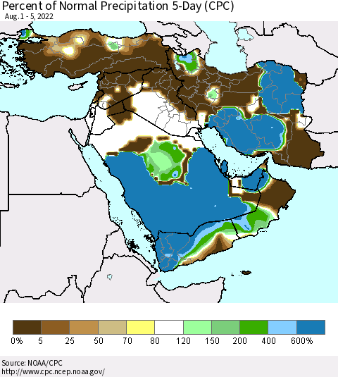 Middle East and Turkey Percent of Normal Precipitation 5-Day (CPC) Thematic Map For 8/1/2022 - 8/5/2022