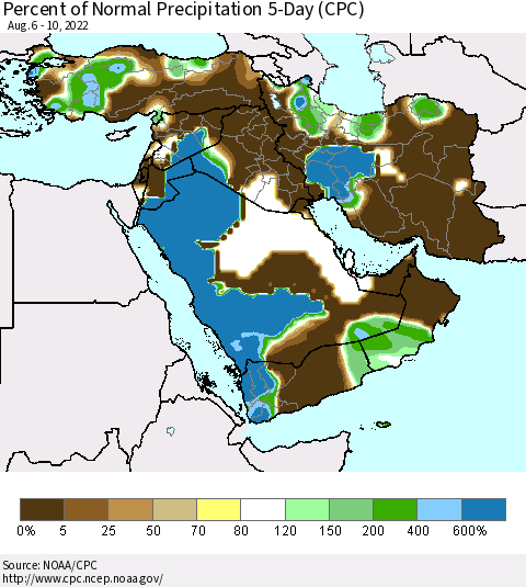 Middle East and Turkey Percent of Normal Precipitation 5-Day (CPC) Thematic Map For 8/6/2022 - 8/10/2022