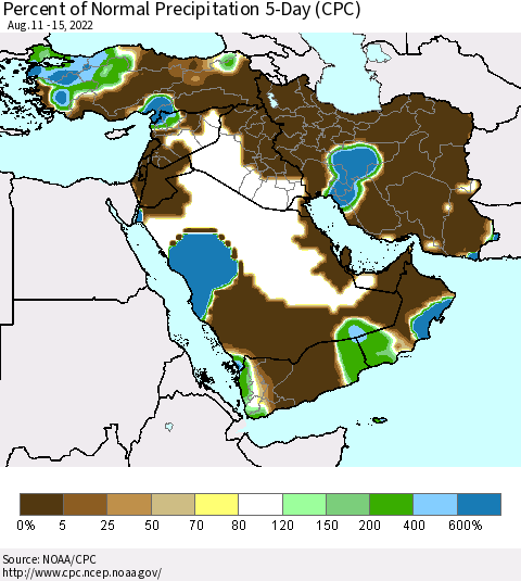 Middle East and Turkey Percent of Normal Precipitation 5-Day (CPC) Thematic Map For 8/11/2022 - 8/15/2022