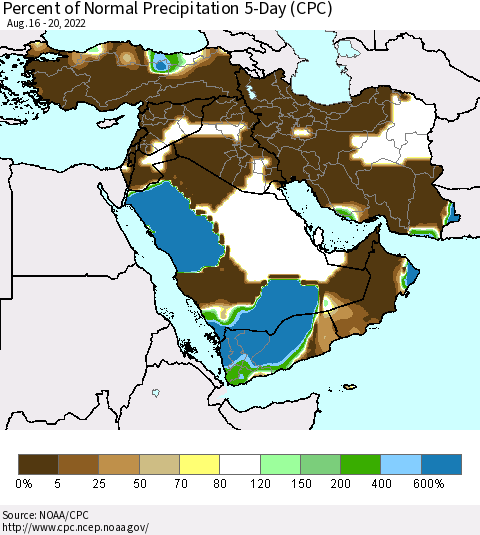 Middle East and Turkey Percent of Normal Precipitation 5-Day (CPC) Thematic Map For 8/16/2022 - 8/20/2022