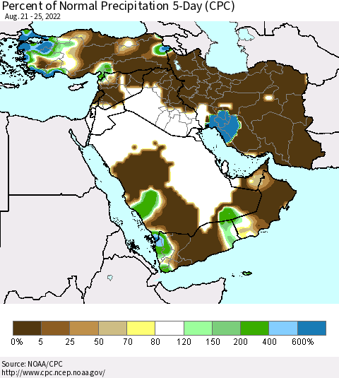 Middle East and Turkey Percent of Normal Precipitation 5-Day (CPC) Thematic Map For 8/21/2022 - 8/25/2022