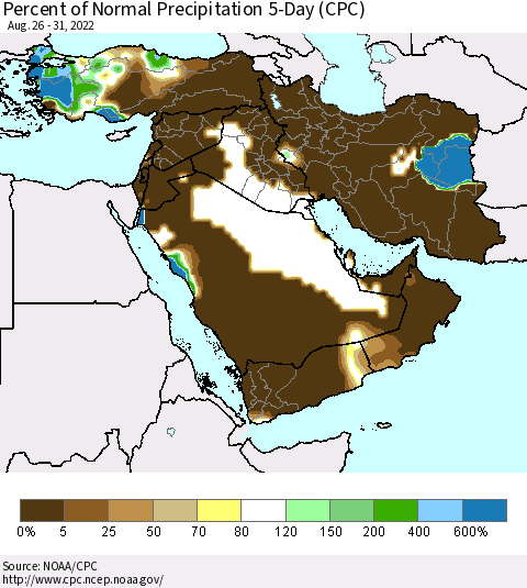 Middle East and Turkey Percent of Normal Precipitation 5-Day (CPC) Thematic Map For 8/26/2022 - 8/31/2022