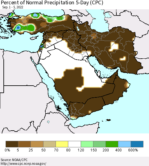 Middle East and Turkey Percent of Normal Precipitation 5-Day (CPC) Thematic Map For 9/1/2022 - 9/5/2022