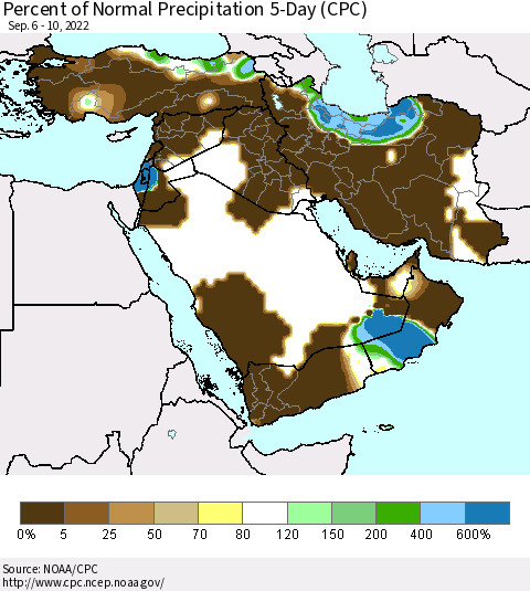 Middle East and Turkey Percent of Normal Precipitation 5-Day (CPC) Thematic Map For 9/6/2022 - 9/10/2022